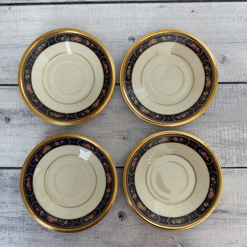 Lenox Royal Peony Saucers Set of 4 Ivory Navy Pink Floral Gold Trim Made in USA